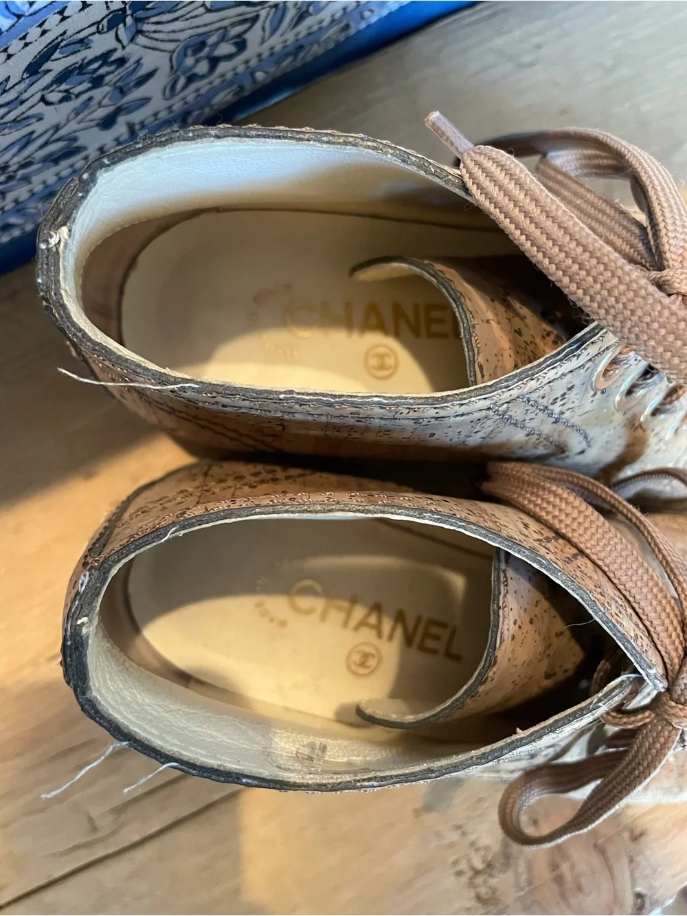 CHANEL Tan Cork Lace-Up Ankle Boots